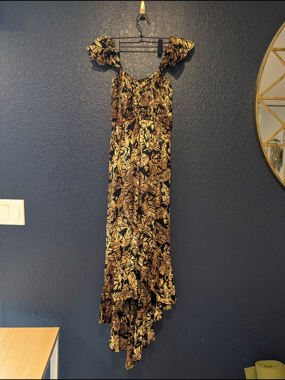 Tiare Hawaii Off Shoulder High Low Black & Gold Leaf-Print Women’s Maxi Dress